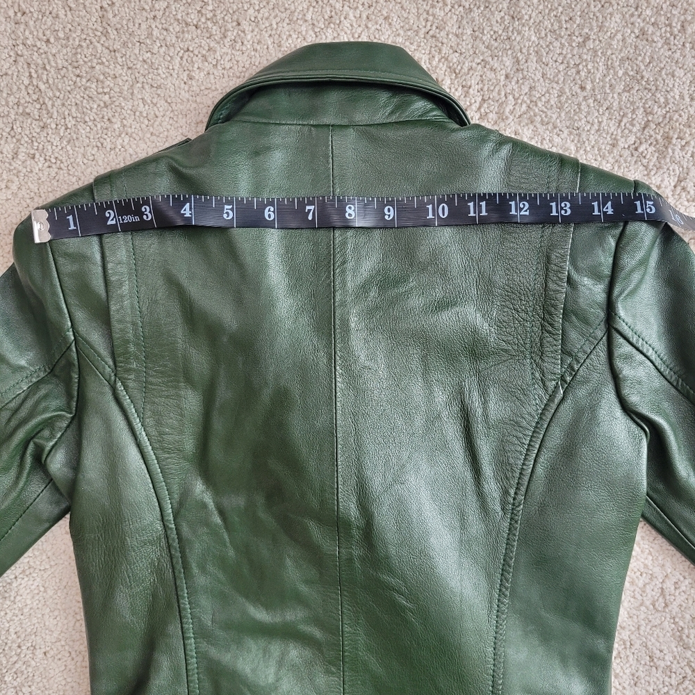 Sara Leather “Experience the Fashion” 100% Genuine Lambskin Green Moto Jacket XS - Picture 10 of 15
